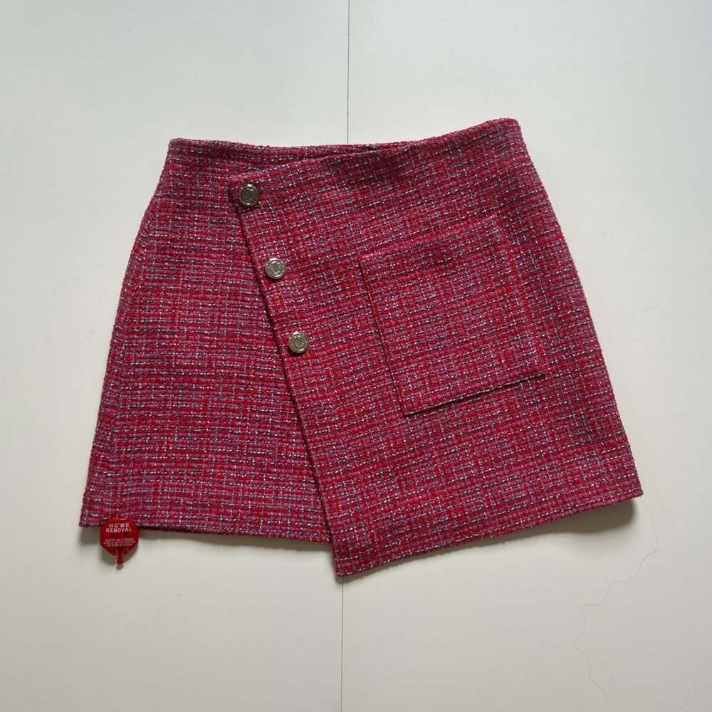 Maje Pink Tweed Mini Skirt with Button Detail